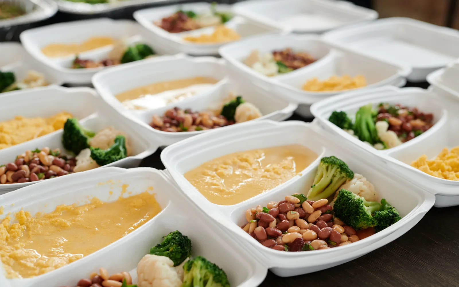 Refeições com legumes, ovos e feijão organizadas em recipientes para a semana.