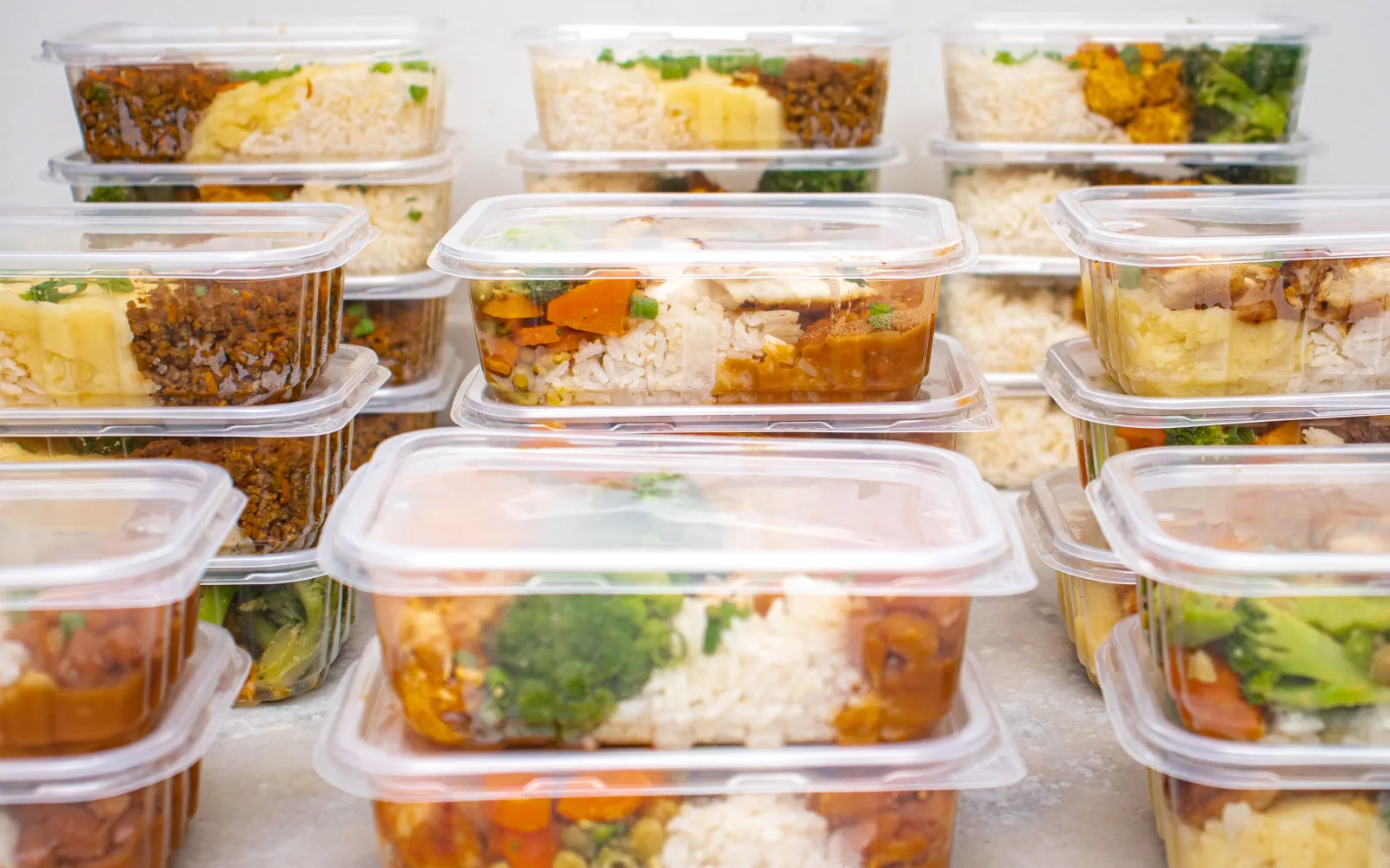 Recipientes empilhados com arroz, legumes e refeições preparadas para vários dias.