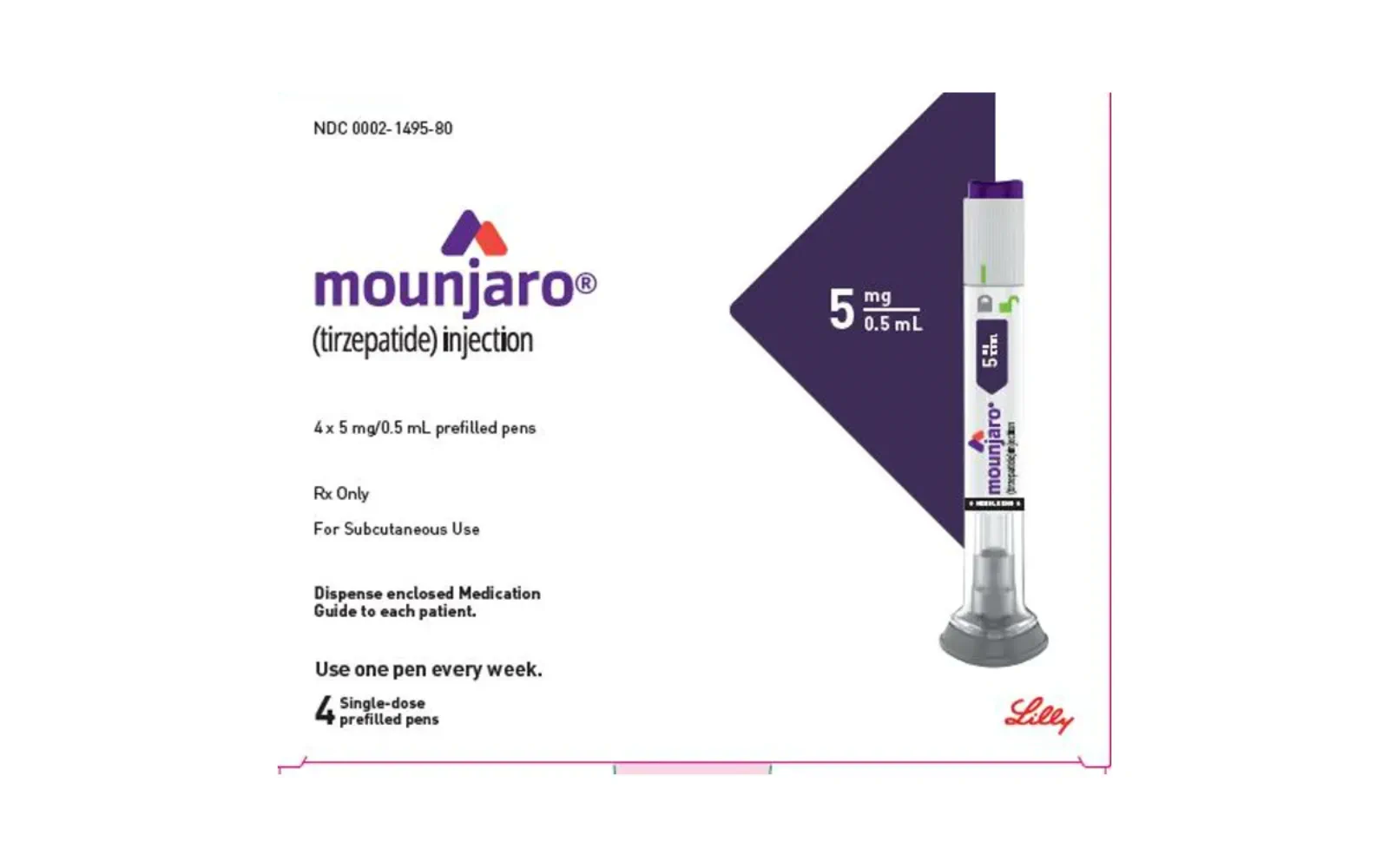 Embalagem e caneta de Mounjaro 5 mg em imagem oficial de rotulagem.